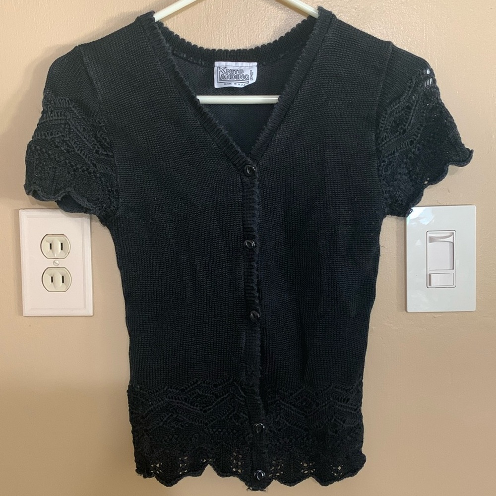Vintage Knits Landing LTD Black Cardigan Short Sleeve Sweater Size Small